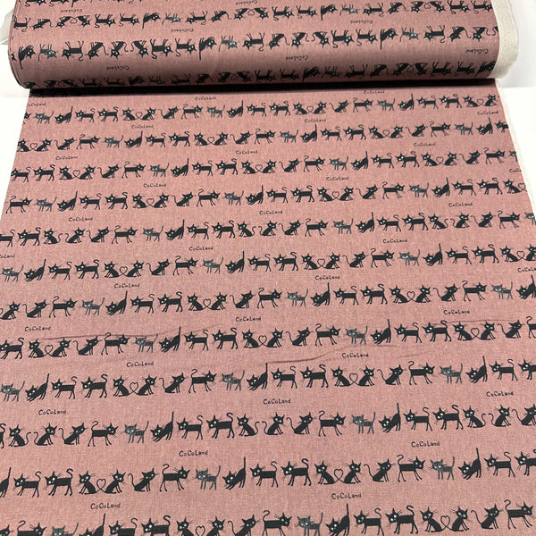 Coco Land Cats Canvas Fabric, 80 Cotton 20 Linen, Imported from Japan, Small Kitties on Dk Mauve Cocoland by Kisa
