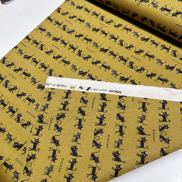 Coco Land Cats Canvas Fabric, 80 Cotton 20 Linen, Imported from Japan, Small Kitties on Golden Mustard Cocoland by Kisa 