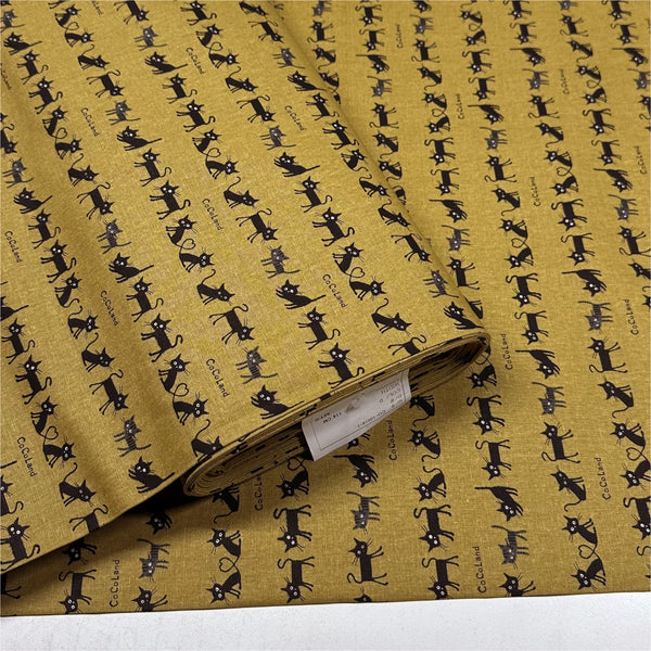 Coco Land Cats Canvas Fabric, 80 Cotton 20 Linen, Imported from Japan, Small Kitties on Golden Mustard Cocoland by Kisa 