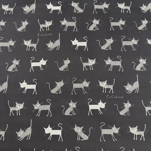 Coco Land Cats Cotton Oxford Fabric, Imported from Japan BTY, Medium Kitties Cocoland by Kisa on Black