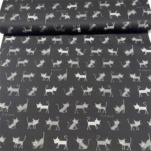 Coco Land Cats Cotton Oxford Fabric, Imported from Japan BTY, Medium Kitties Cocoland by Kisa on Black