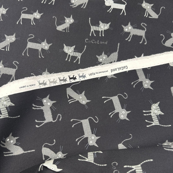 Coco Land Cats Cotton Oxford Fabric, Imported from Japan BTY, Medium Kitties Cocoland by Kisa on Black