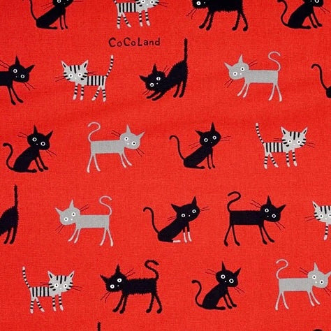 Coco Land Cats Cotton Oxford Fabric, Imported from Japan BTY, Medium Kitties Cocoland by Kisa on Red