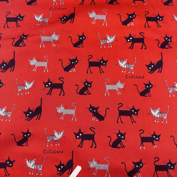 Coco Land Cats Cotton Oxford Fabric, Imported from Japan BTY, Medium Kitties Cocoland by Kisa on Red