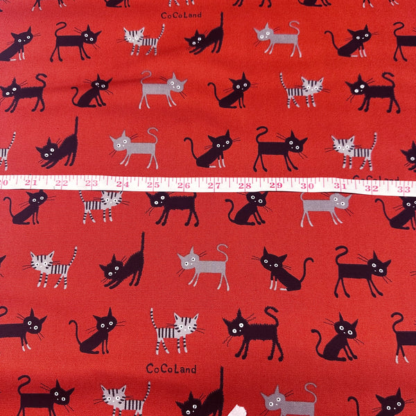 Coco Land Cats Cotton Oxford Fabric, Imported from Japan BTY, Medium Kitties Cocoland by Kisa on Red