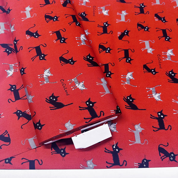 Coco Land Cats Cotton Oxford Fabric, Imported from Japan BTY, Medium Kitties Cocoland by Kisa on Red