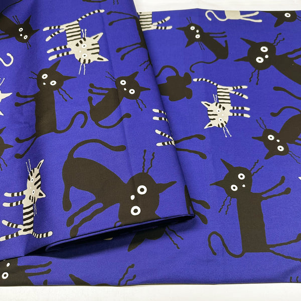 Coco Land Cats Cotton Oxford Fabric, Imported from Japan, Large Kitties Cocoland by Kisa on Blue 
