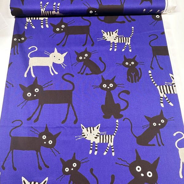Coco Land Cats Cotton Oxford Fabric, Imported from Japan, Large Kitties Cocoland by Kisa on Blue 