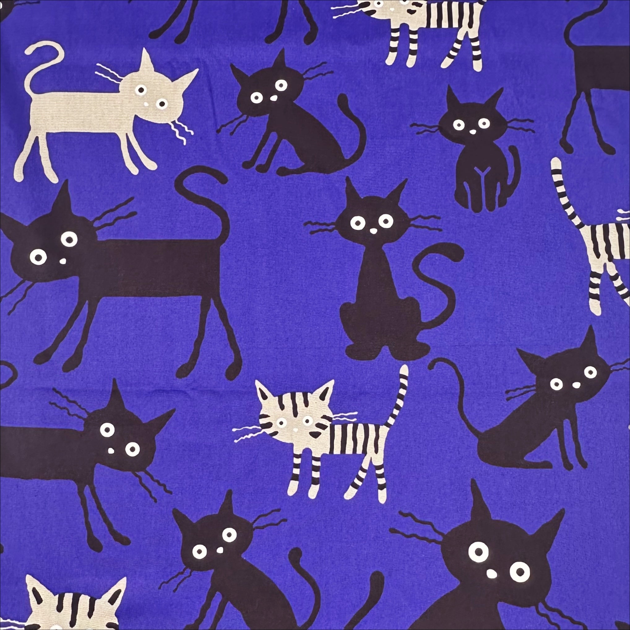 Coco Land Cats Cotton Oxford Fabric, Imported from Japan, Large Kitties Cocoland by Kisa on Blue 
