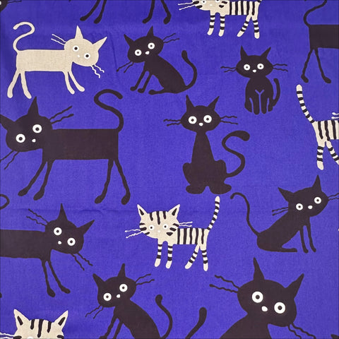 Coco Land Cats Cotton Oxford Fabric, Imported from Japan, Large Kitties Cocoland by Kisa on Blue 