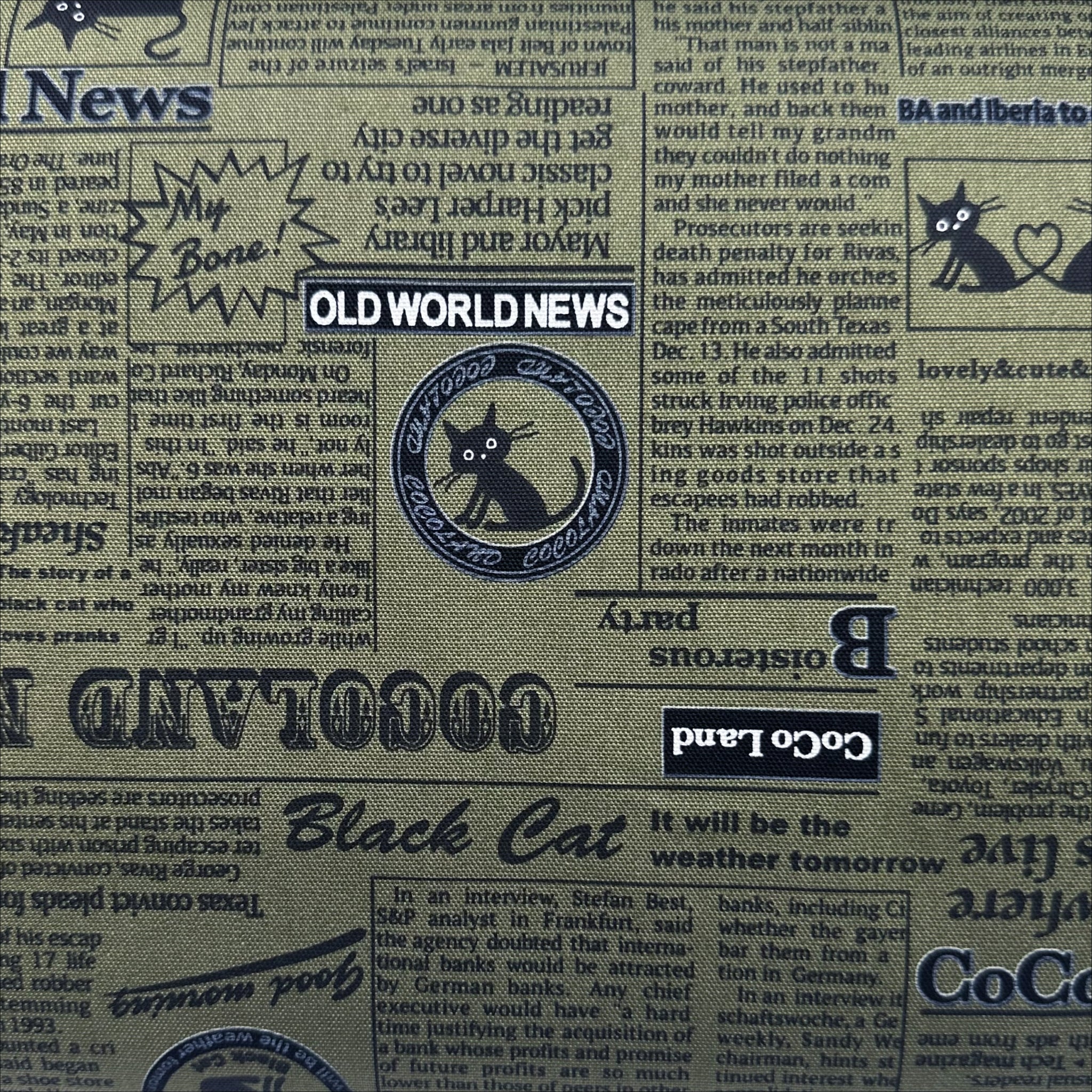 Coco Land Newspaper Print Cats Cotton Oxford Fabric, Cocoland by Kisa, Green