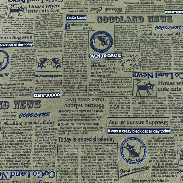 Coco Land Newspaper Print Cats Cotton Oxford Fabric, Cocoland by Kisa, Green