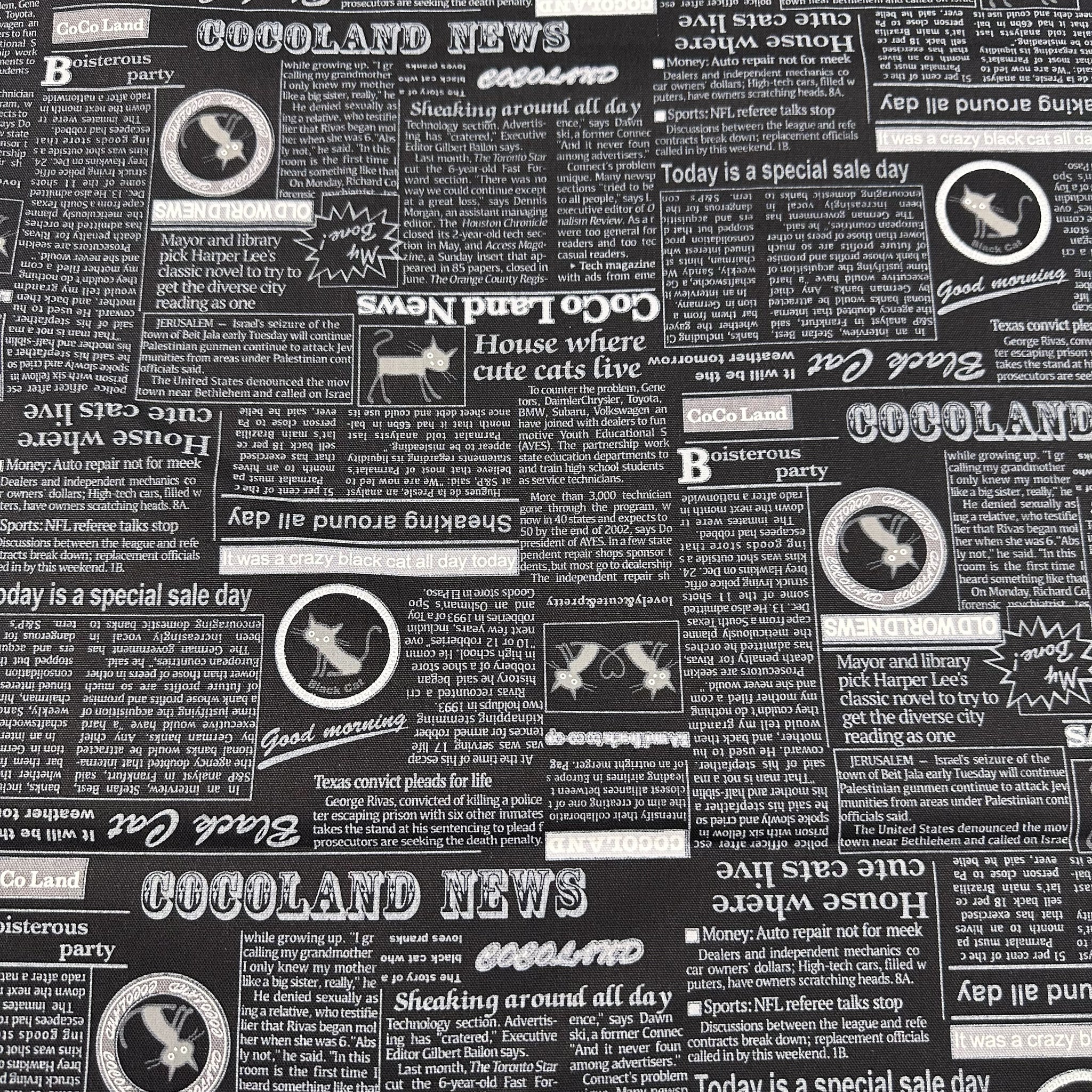 Coco Land Newspaper Print Cats Cotton Oxford Fabric, Imported from Japan BTY, Cocoland by Kisa, Black