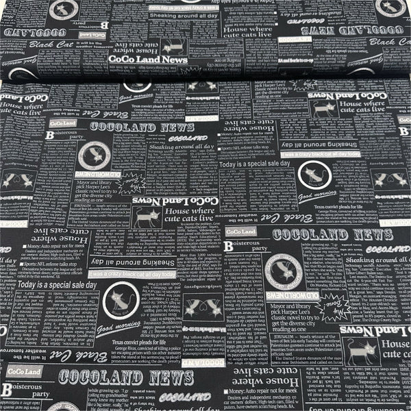 Coco Land Newspaper Print Cats Cotton Oxford Fabric, Imported from Japan BTY, Cocoland by Kisa, Black