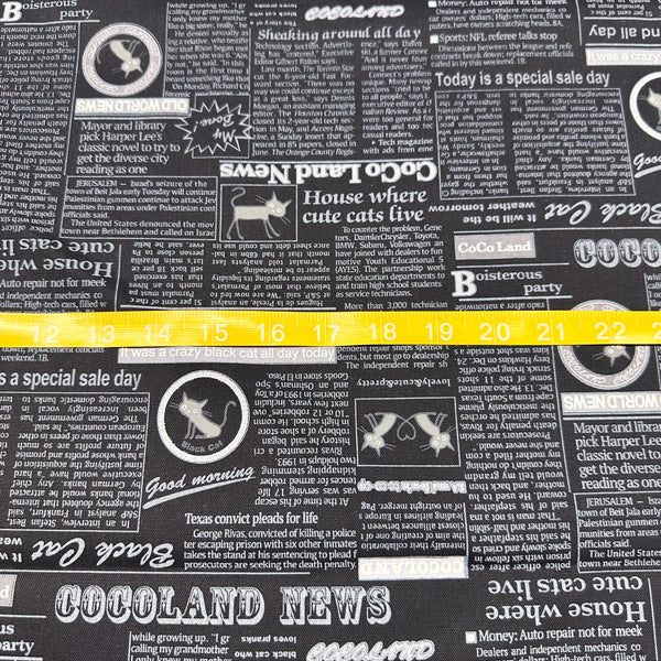 Coco Land Newspaper Print Cats Cotton Oxford Fabric, Imported from Japan BTY, Cocoland by Kisa, Black