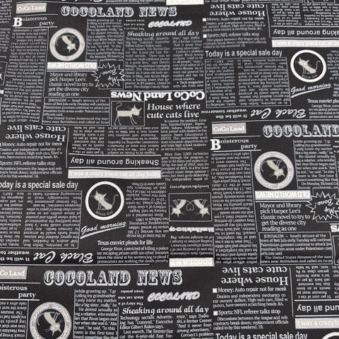 Coco Land Newspaper Print Cats Cotton Oxford Fabric, Imported from Japan BTY, Cocoland by Kisa, Black