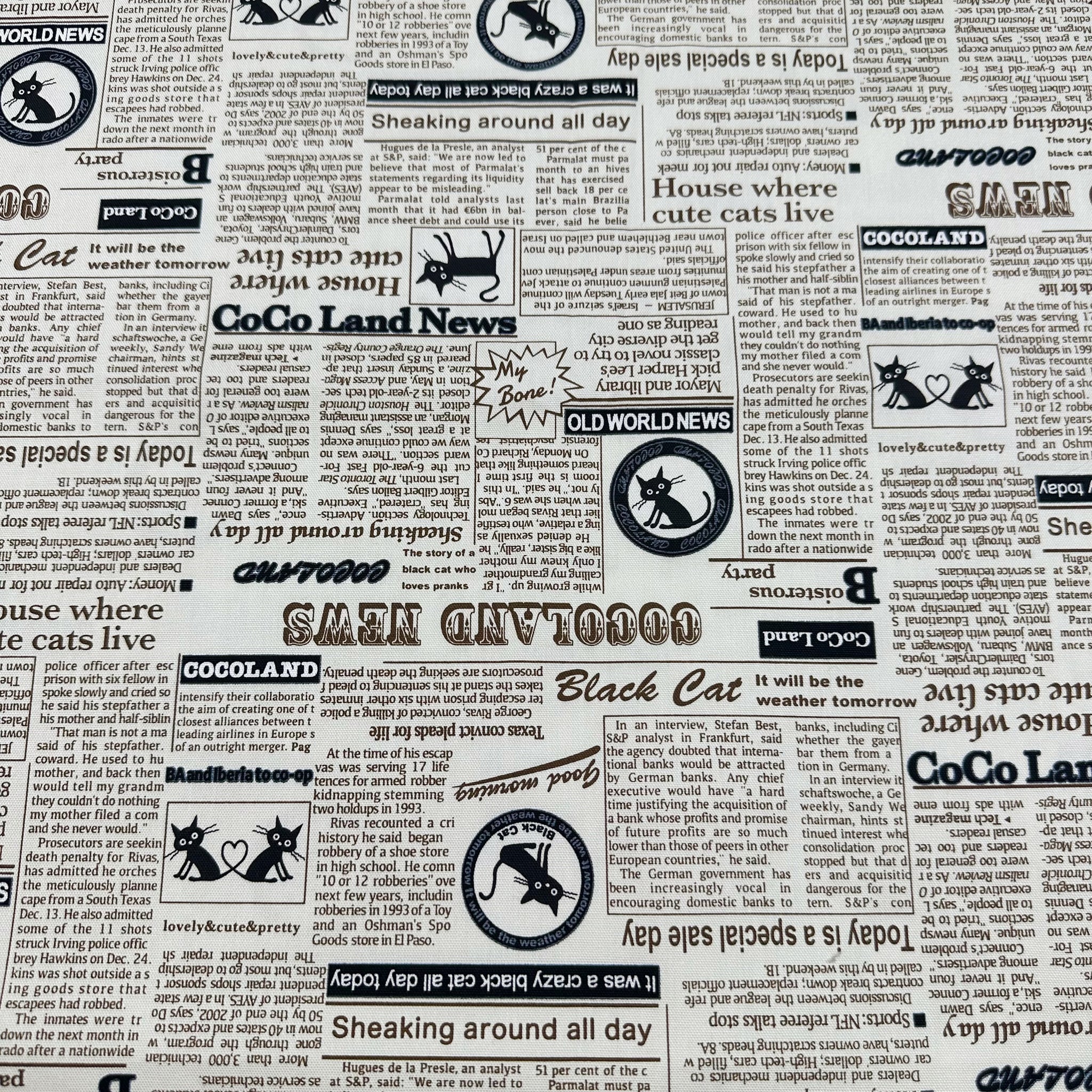 Coco Land Newspaper Print Cats Cotton Oxford Fabric, Imported from Japan BTY, Cocoland by Kisa, Cream