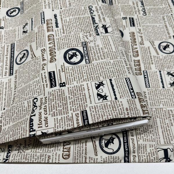 Coco Land Newspaper Print Cats Cotton Oxford Fabric, Imported from Japan BTY, Cocoland by Kisa, Cream