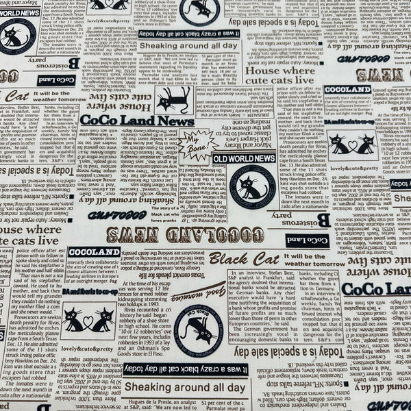 Coco Land Newspaper Print Cats Cotton Oxford Fabric, Imported from Japan BTY, Cocoland by Kisa, Cream