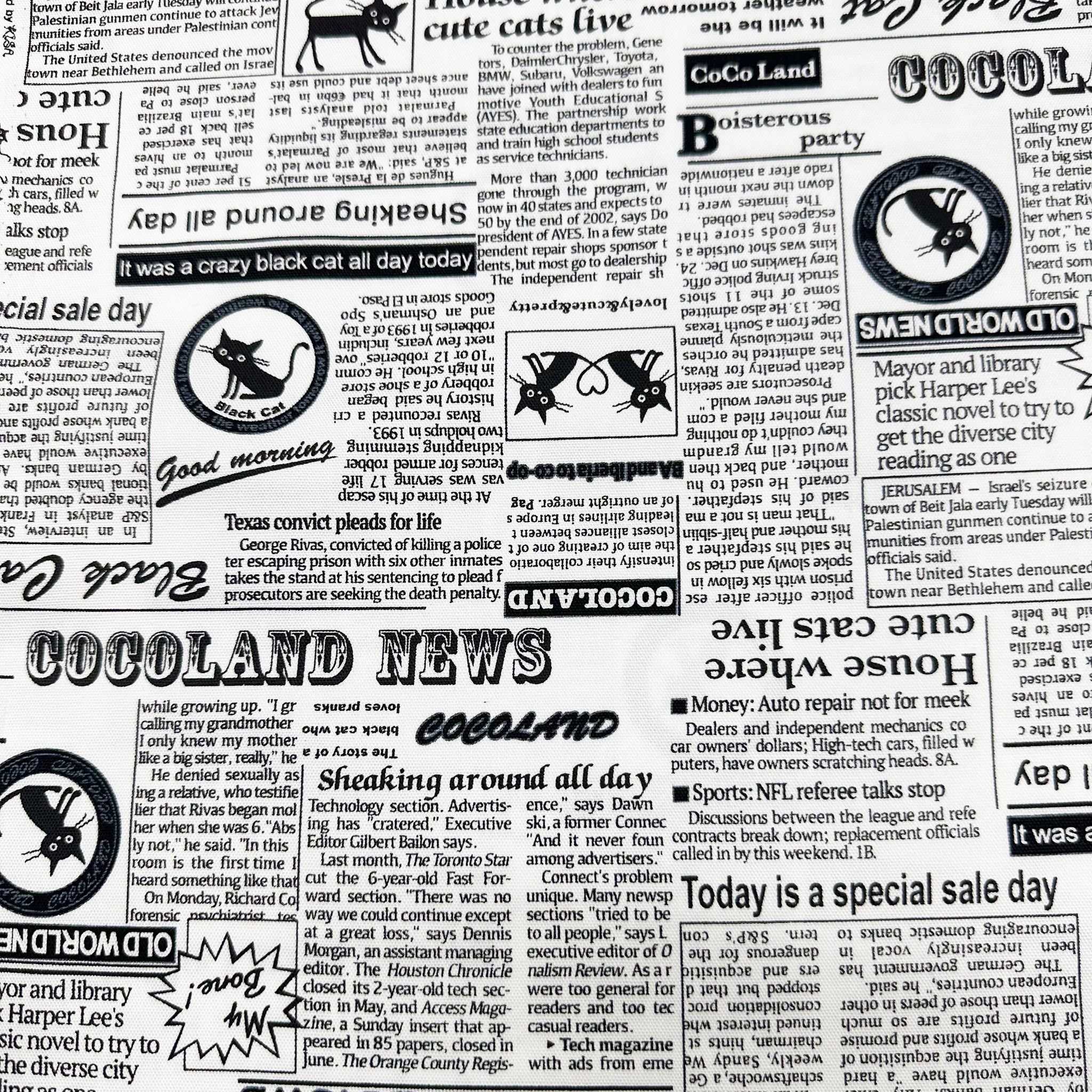 Coco Land Newspaper Print Cats Cotton Oxford Fabric, Imported from Japan BTY, Cocoland by Kisa, White