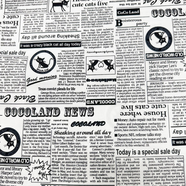 Coco Land Newspaper Print Cats Cotton Oxford Fabric, Imported from Japan BTY, Cocoland by Kisa, White