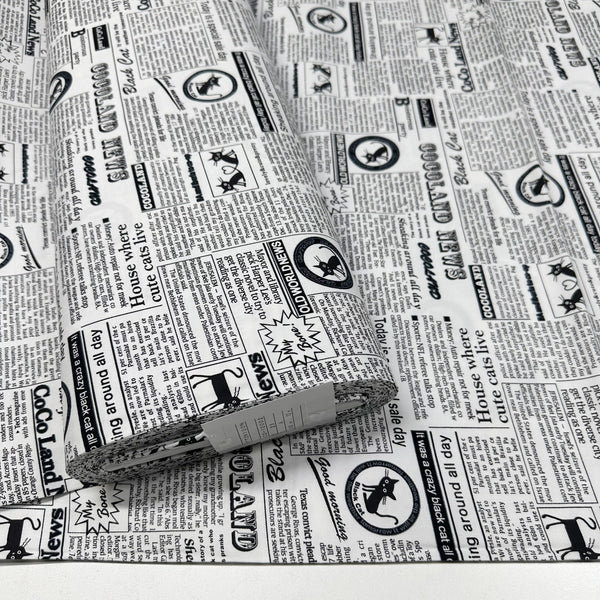 Coco Land Newspaper Print Cats Cotton Oxford Fabric, Imported from Japan BTY, Cocoland by Kisa, White