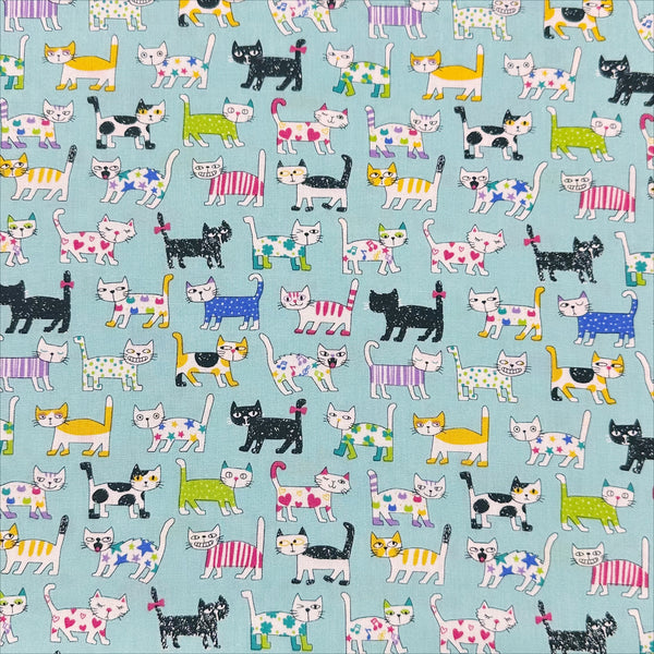 Colorful Cats on Aqua Cotton Fabric, Nice Days by Senyo SK-8100-2D