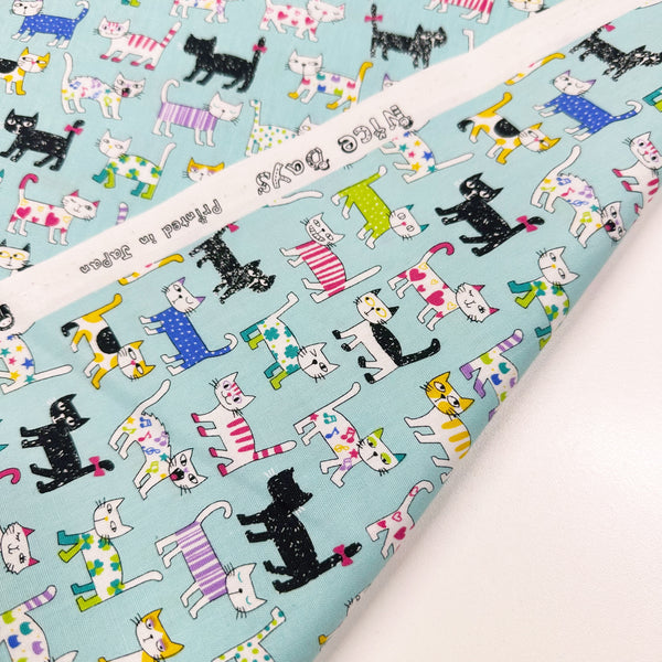 Colorful Cats on Aqua Cotton Fabric, Nice Days by Senyo SK-8100-2D