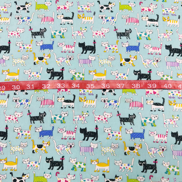 Colorful Cats on Aqua Cotton Fabric, Nice Days by Senyo SK-8100-2D