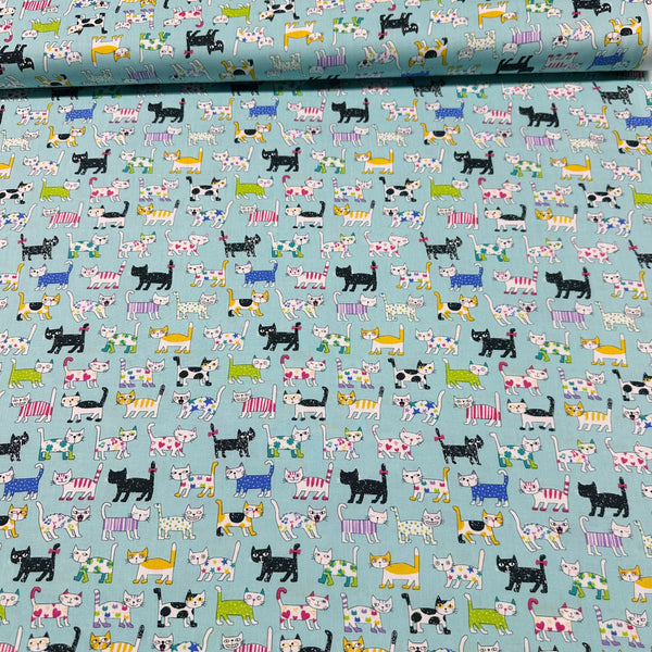 Colorful Cats on Aqua Cotton Fabric, Nice Days by Senyo SK-8100-2D