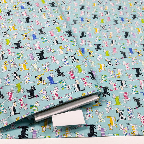 Colorful Cats on Aqua Cotton Fabric, Nice Days by Senyo SK-8100-2D