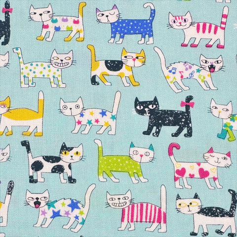 Colorful Cats on Aqua Cotton Fabric, Nice Days by Senyo SK-8100-2D