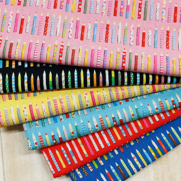 Colors of KoroKoro Pencils Cotton Fabric in Light Blue by Koko Seki – quilt-weight cotton with coordinating pencil design for the KoroKoro Animal Picture Books collection