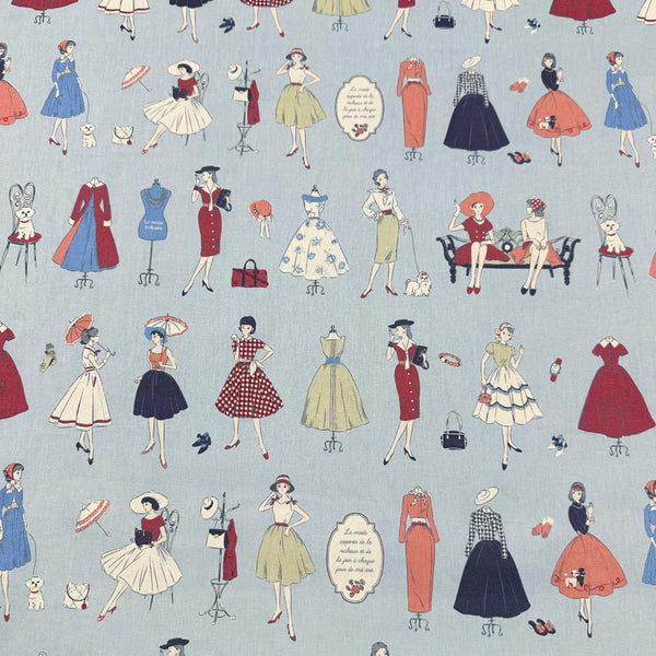 Couturiere Retro 50's Fashion Ladies Cotton Fabric, Blue