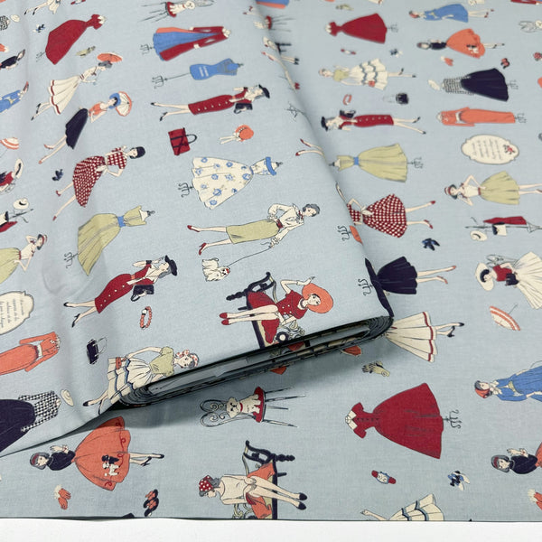 Couturiere Retro 50's Fashion Ladies Cotton Fabric, Blue