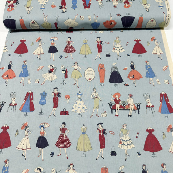 Couturiere Retro 50's Fashion Ladies Cotton Fabric, Blue