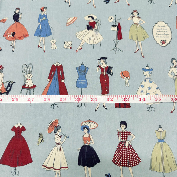 Couturiere Retro 50's Fashion Ladies Cotton Fabric, Blue