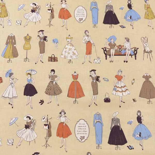 Couturiere Retro 50's Fashion Ladies Cotton Fabric, Ecru