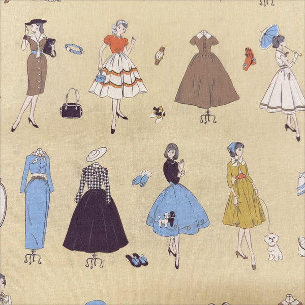 Couturiere Retro 50's Fashion Ladies Cotton Fabric, Ecru