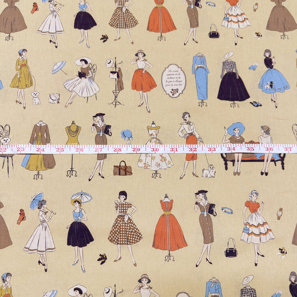 Couturiere Retro 50's Fashion Ladies Cotton Fabric, Ecru