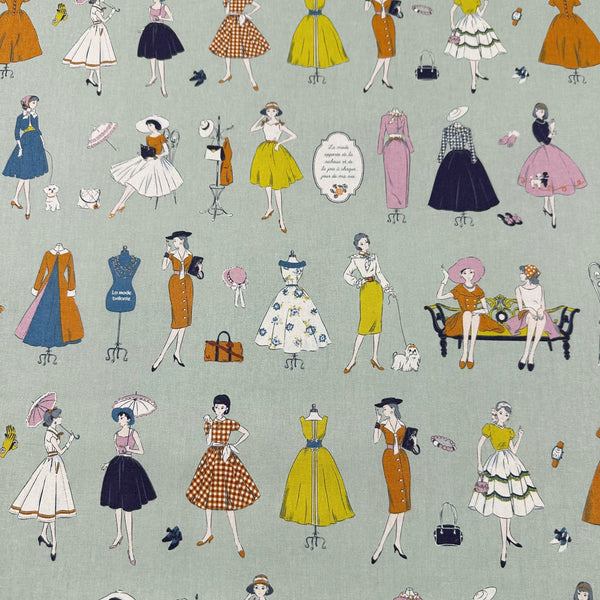 Couturiere Retro 50's Fashion Ladies Cotton Fabric, Green