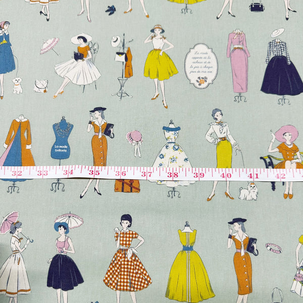 Couturiere Retro 50's Fashion Ladies Cotton Fabric, Green