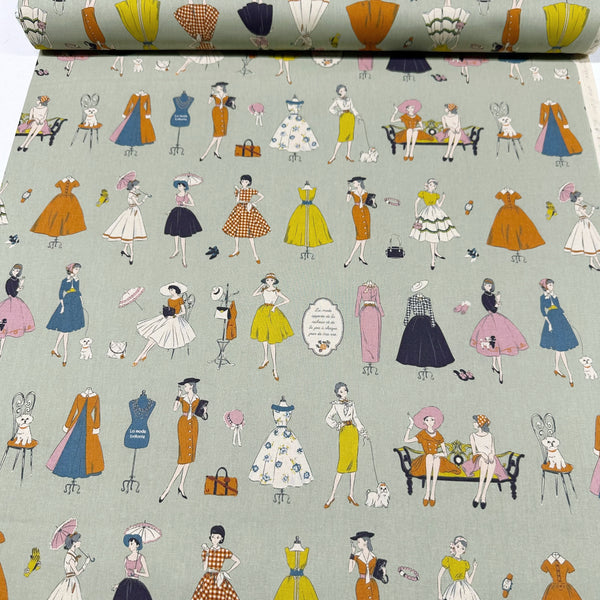 Couturiere Retro 50's Fashion Ladies Cotton Fabric, Green