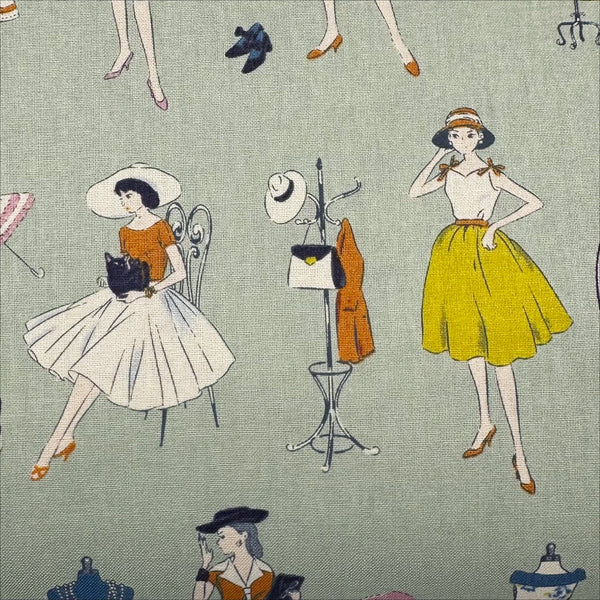 Couturiere Retro 50's Fashion Ladies Cotton Fabric, Green