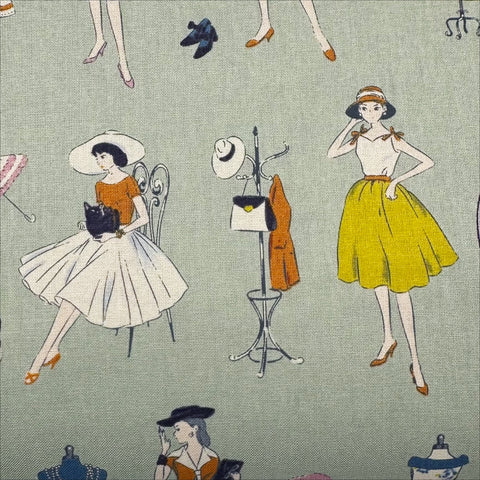 Couturiere Retro 50's Fashion Ladies Cotton Fabric, Green