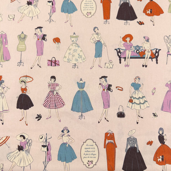 Couturiere Retro 50's Fashion Ladies Cotton Fabric, Pink