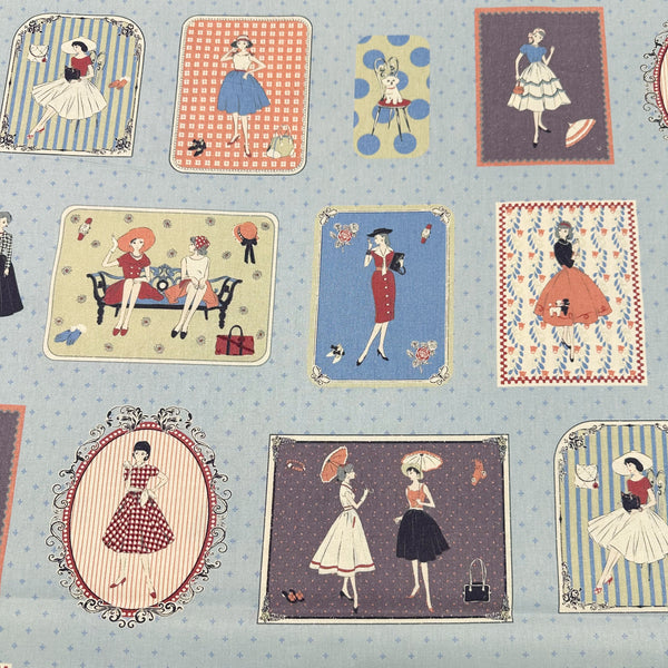 Couturiere Retro 50's Framed Fashion Ladies Cotton Fabric, Blue