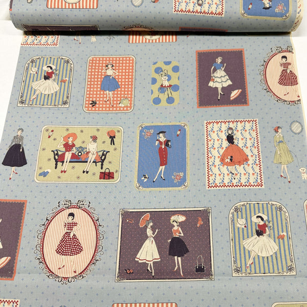 Couturiere Retro 50's Framed Fashion Ladies Cotton Fabric, Blue