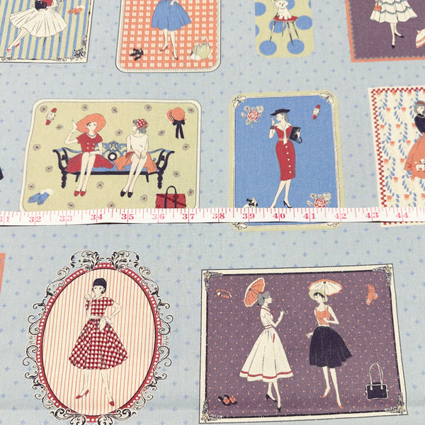 Couturiere Retro 50's Framed Fashion Ladies Cotton Fabric, Blue