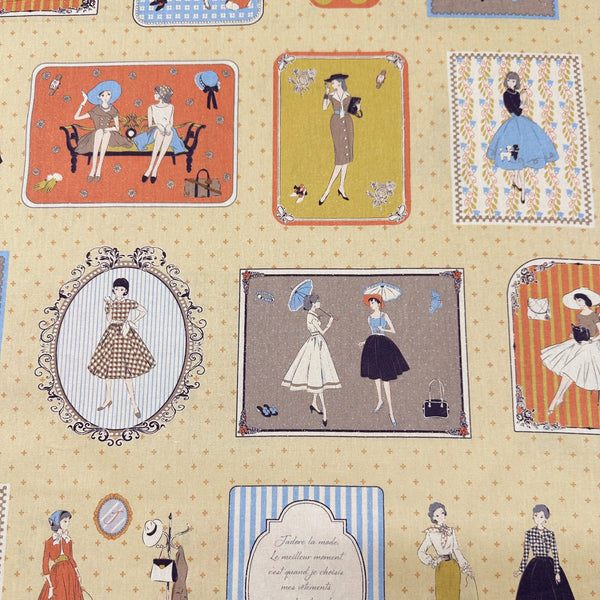 Couturiere Retro 50's Framed Fashion Ladies Cotton Fabric, Ecru